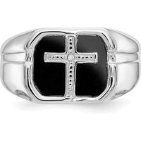14K White Gold Men's Ring with Black Onyx Center and Diamond Cross Accent - 0.004 Carat Total Diamond Weight by Monteluci Fine Jewelry