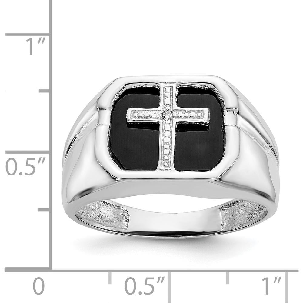 14K White Gold Men's Ring with Black Onyx Center and Diamond Cross Accent - 0.004 Carat Total Diamond Weight by Monteluci Fine Jewelry