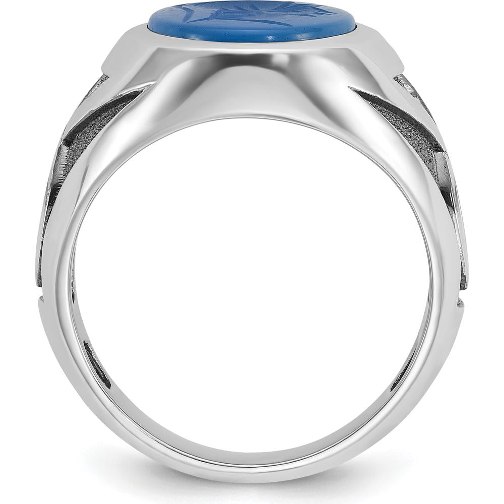 14K White Gold Men's Ring with Black Rhodium and Carved Blue Agate by IBGoodman
