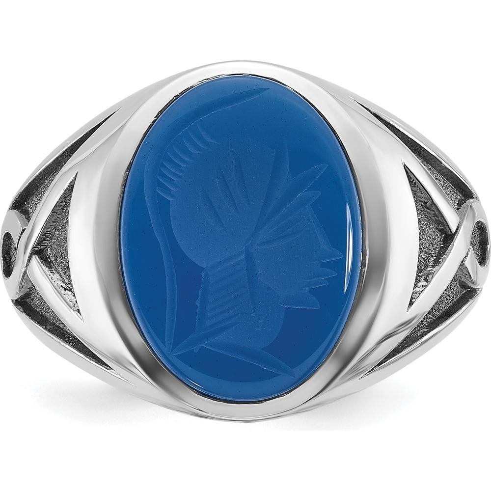 14K White Gold Men's Ring with Black Rhodium and Carved Blue Agate by IBGoodman