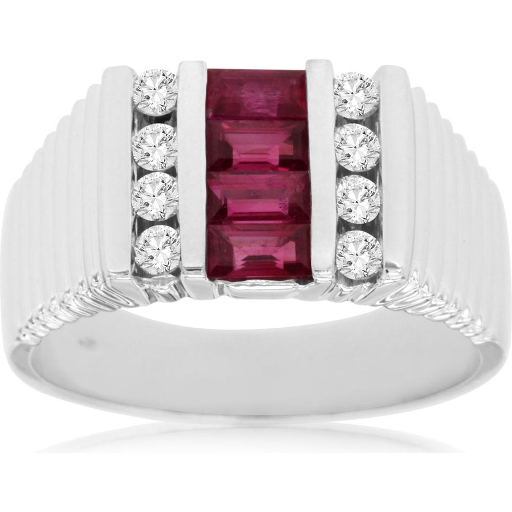 14K White Gold Men's Ring with Channel-Set Baguette Rubies and Round Diamond Accents - 0.80 Carat Ruby Total Weight, 0.39 Carat Diamond Total Weight - Royal Jewelry
