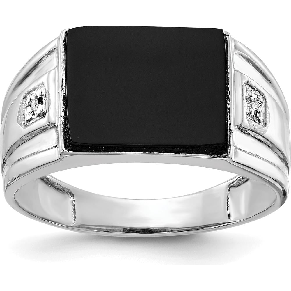 14K White Gold Men's Ring with Cushion Onyx and Round Diamonds - 0.008 Carat Diamond Weight by Monteluci Fine Jewelry