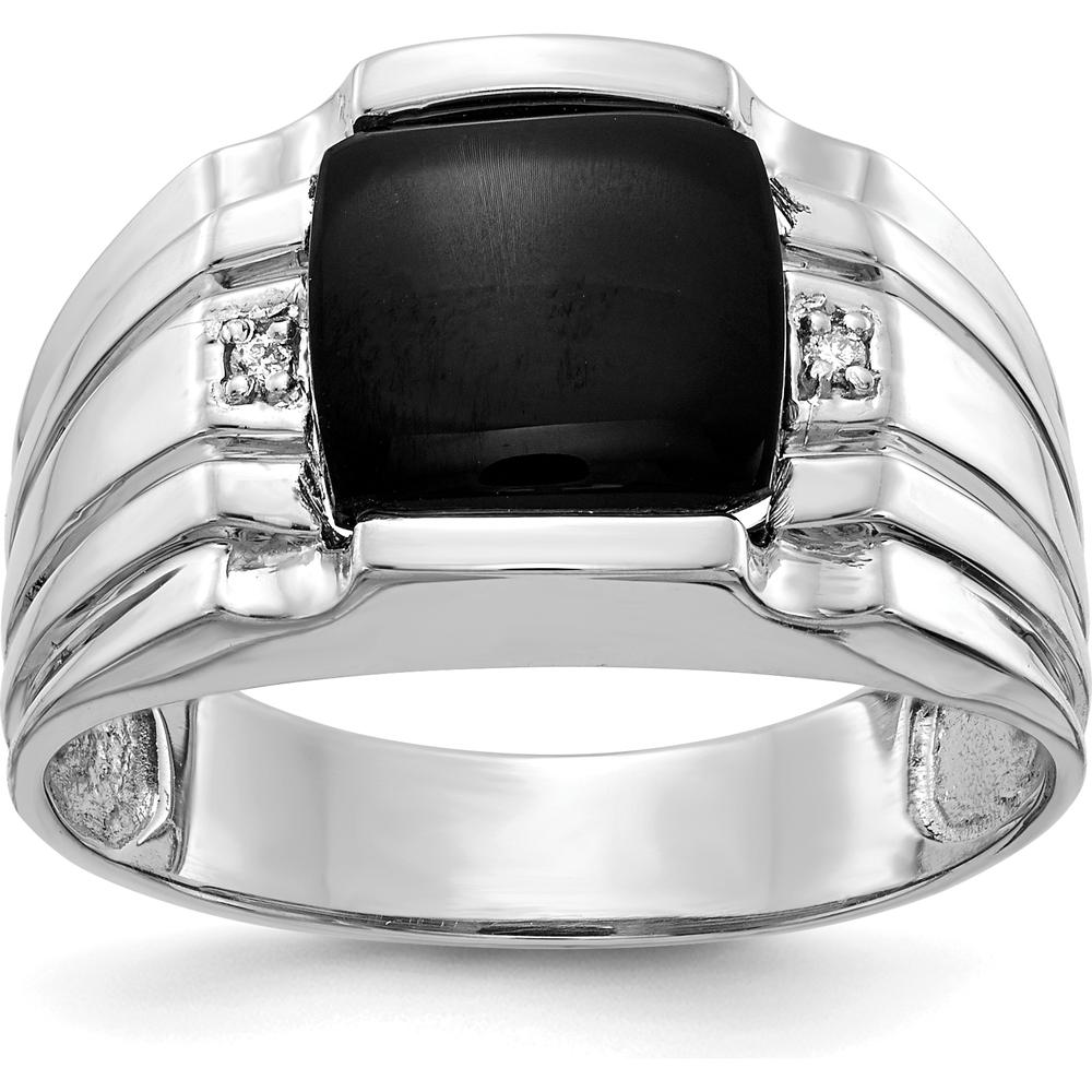 14K White Gold Men's Ring with Onyx and Round Diamond Accents - 0.016 Carat Total Diamond Weight by Monteluci Fine Jewelry