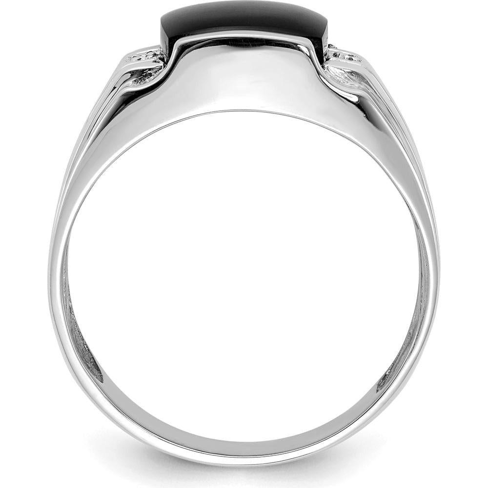 14K White Gold Men's Ring with Onyx and Round Diamond Accents - 0.016 Carat Total Diamond Weight by Monteluci Fine Jewelry