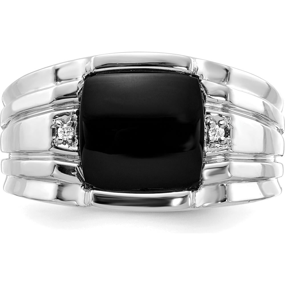 14K White Gold Men's Ring with Onyx and Round Diamond Accents - 0.016 Carat Total Diamond Weight by Monteluci Fine Jewelry