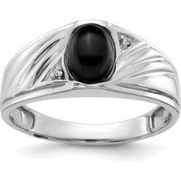 14K White Gold Men's Ring with Oval Black Onyx and Round Diamond Accents - Polished Rhodium Finish by Monteluci Fine Jewelry