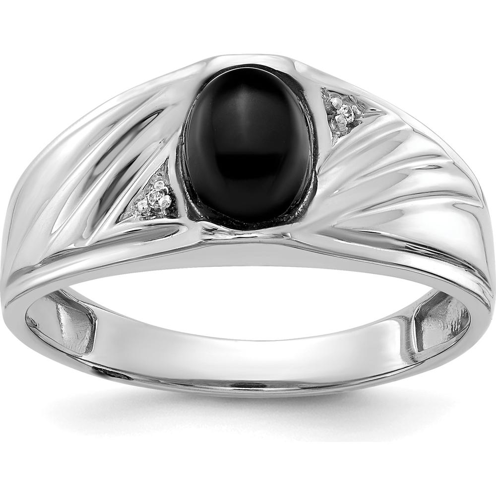 14K White Gold Men's Ring with Oval Black Onyx and Round Diamond Accents - Polished Rhodium Finish by Monteluci Fine Jewelry