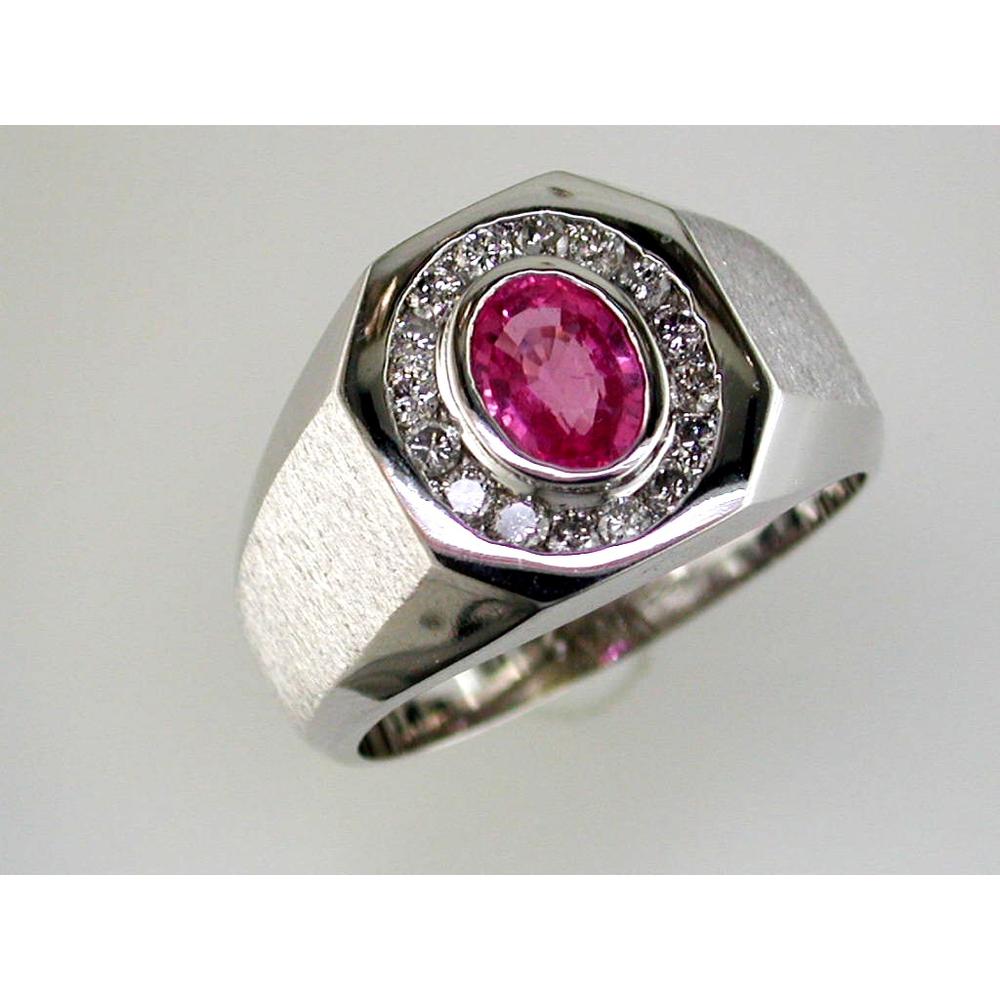 14K White Gold Men's Ring with Oval Pink Sapphire and Round Diamonds - 1.32 Carats Total Gem Weight
