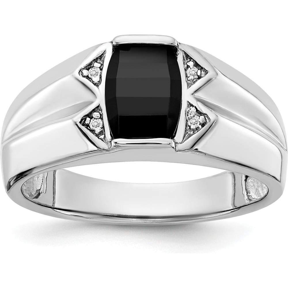 14K White Gold Men's Ring with Round Diamonds and Onyx Centerpiece - 0.004 Carat Diamond Weight by Monteluci Fine Jewelry