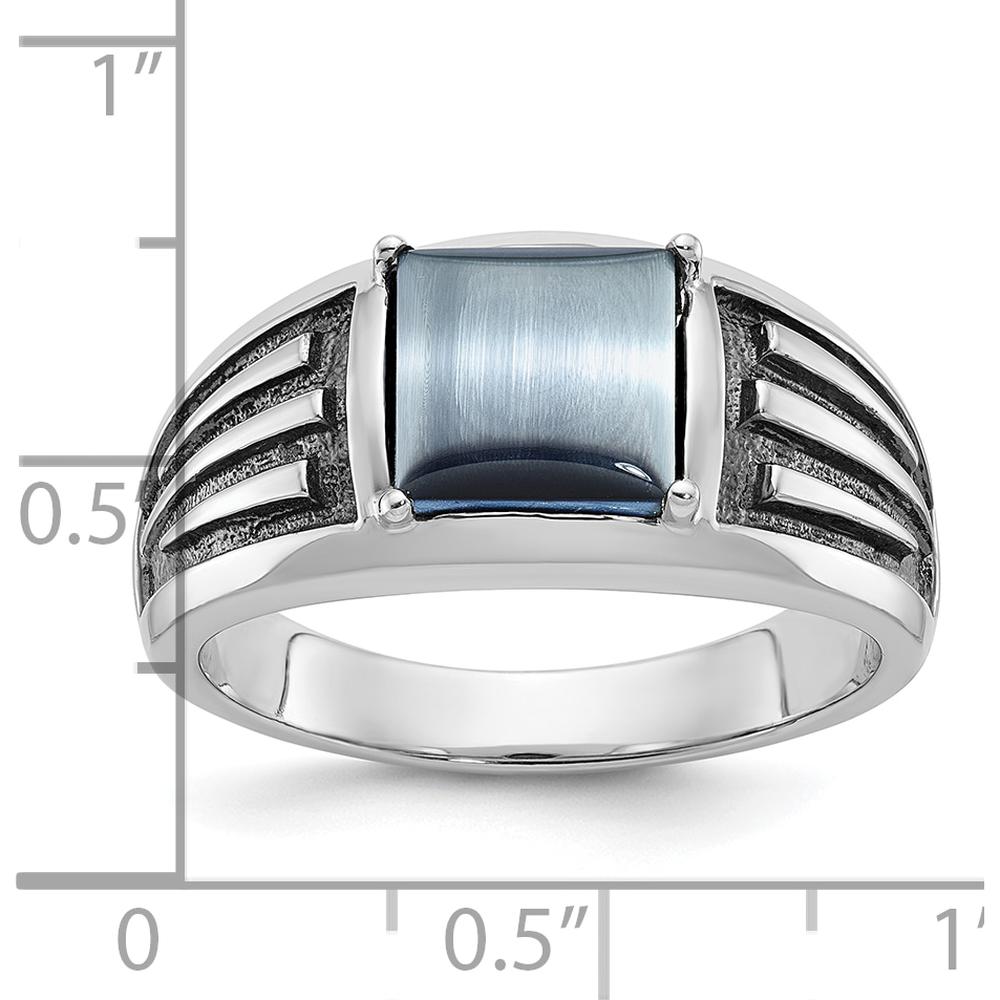 14K White Gold Men's Ring with Square Gray Cat's Eye Stone and Black Rhodium Plating by IBGoodman