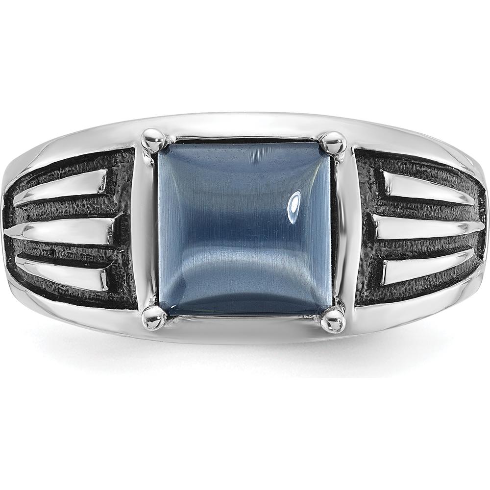 14K White Gold Men's Ring with Square Gray Cat's Eye Stone and Black Rhodium Plating by IBGoodman