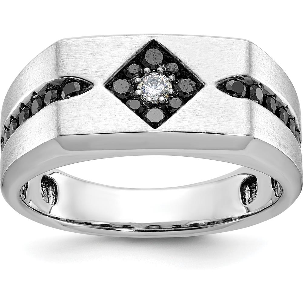 14K White Gold Men's Satin Band Ring with 0.63 Carats Black and White Diamonds by IBGoodman