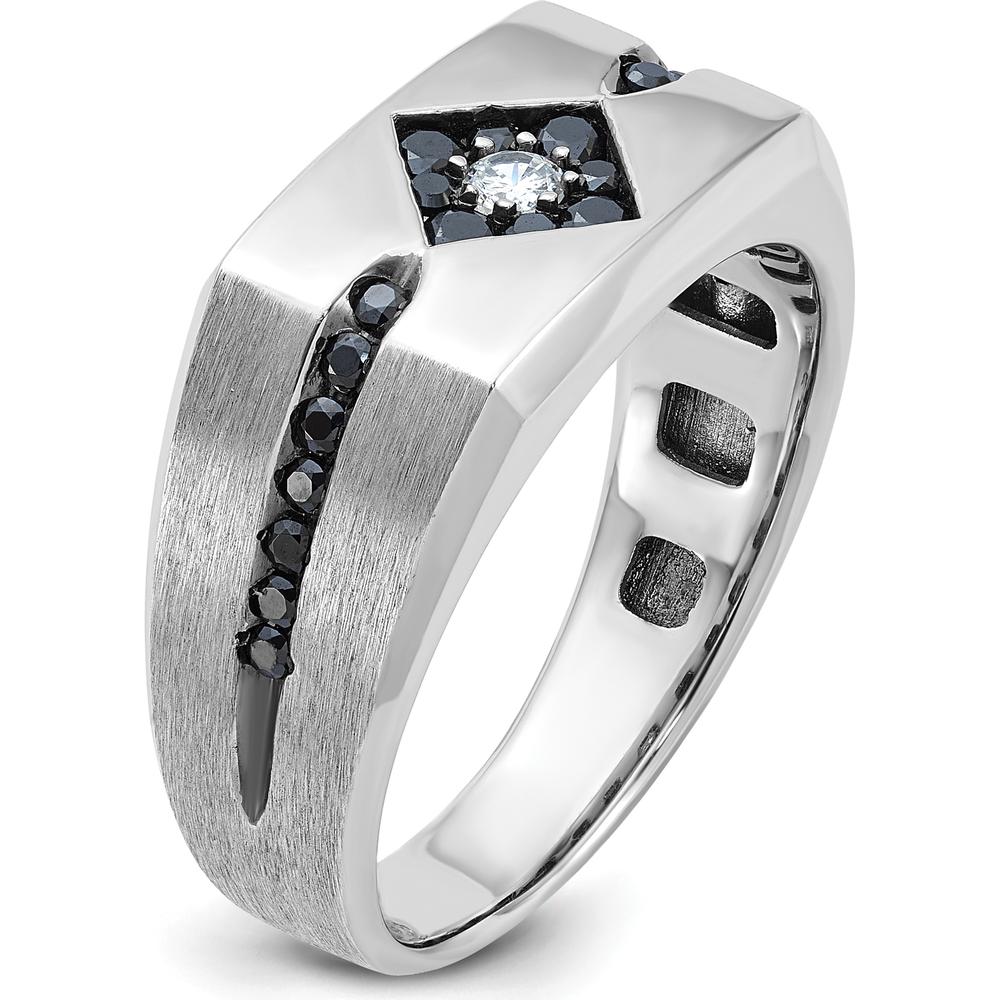 14K White Gold Men's Satin Band Ring with 0.63 Carats Black and White Diamonds by IBGoodman