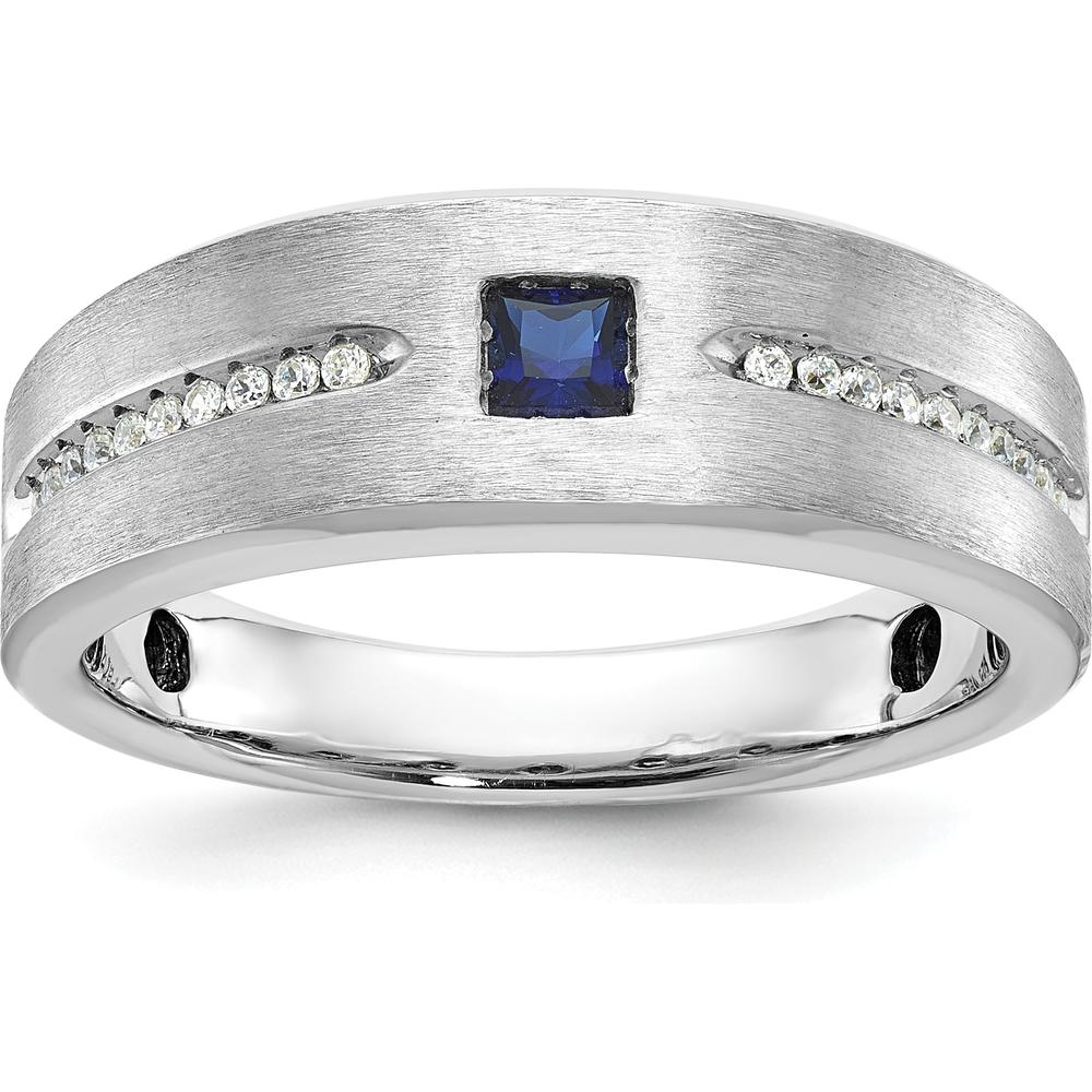 14K White Gold Men's Satin Band with Lab Created Sapphire and 1/8 Carats Diamonds by IBGoodman
