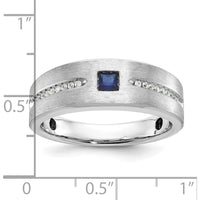 14K White Gold Men's Satin Band with Lab Created Sapphire and 1/8 Carats Diamonds by IBGoodman