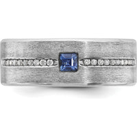 14K White Gold Men's Satin Band with Lab Created Sapphire and 1/8 Carats Diamonds by IBGoodman