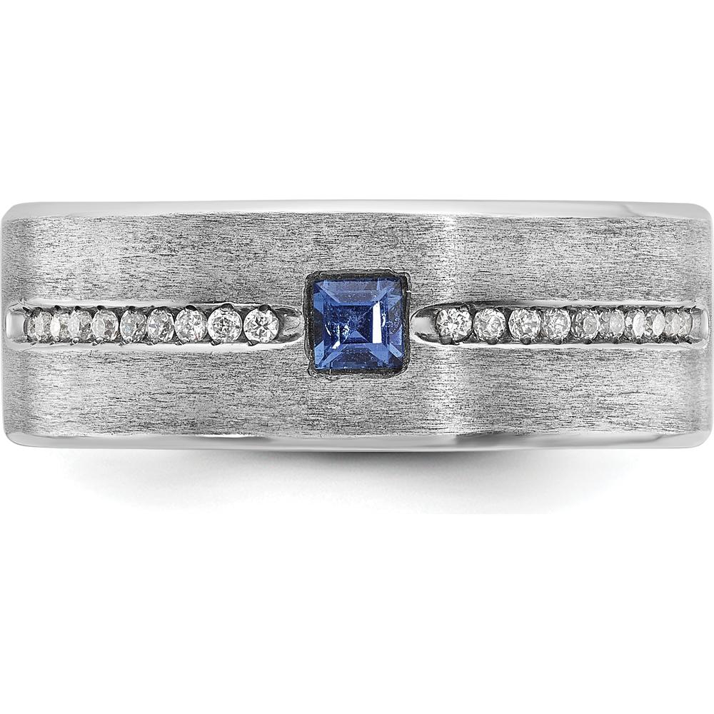 14K White Gold Men's Satin Band with Lab Created Sapphire and 1/8 Carats Diamonds by IBGoodman