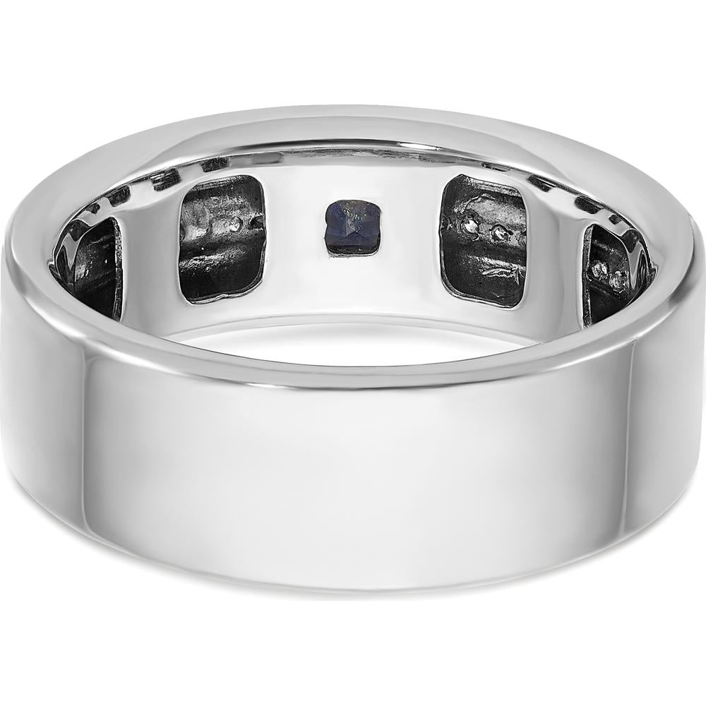 14K White Gold Men's Satin Band with Lab Created Sapphire and 1/8 Carats Diamonds by IBGoodman