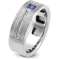 14K White Gold Men's Satin Band with Lab Created Sapphire and 1/8 Carats Diamonds by IBGoodman