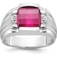 14K White Gold Men's Satin Created Ruby and Diamond Ring - 3.22 Carats Created Ruby, 0.014 Carats Total Diamond Weight by IBGoodman