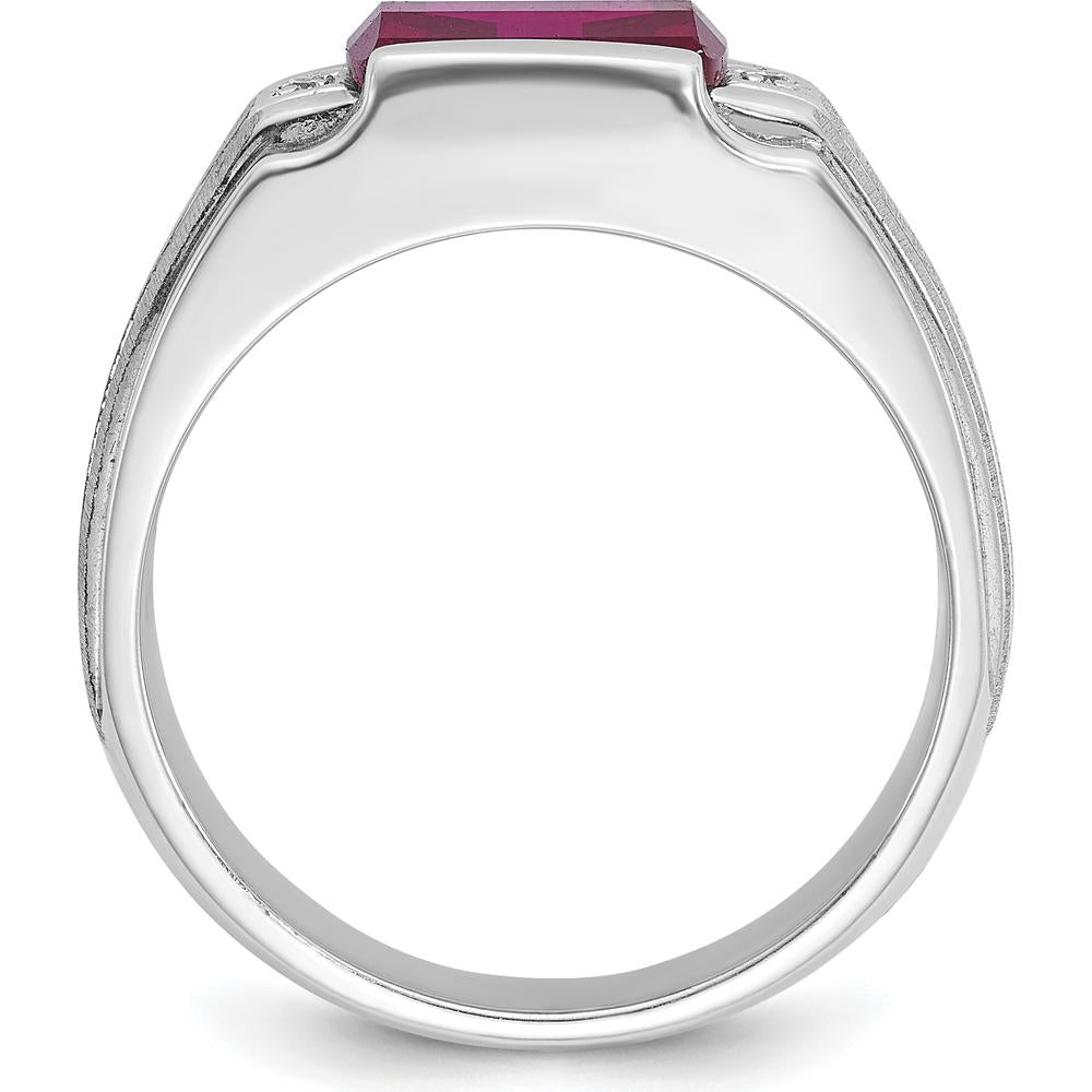 14K White Gold Men's Satin Created Ruby and Diamond Ring - 3.22 Carats Created Ruby, 0.014 Carats Total Diamond Weight by IBGoodman