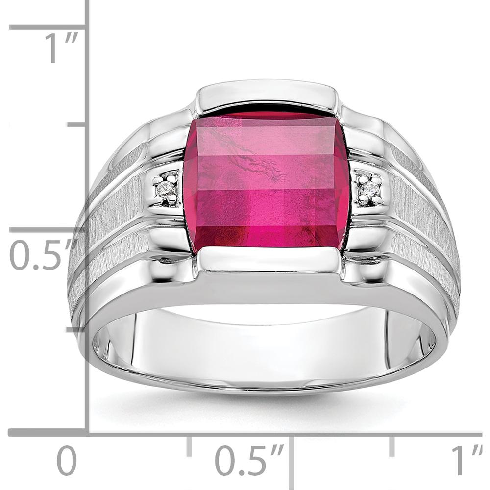 14K White Gold Men's Satin Created Ruby and Diamond Ring - 3.22 Carats Created Ruby, 0.014 Carats Total Diamond Weight by IBGoodman