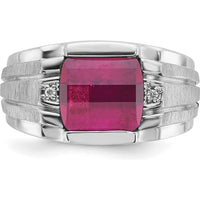 14K White Gold Men's Satin Created Ruby and Diamond Ring - 3.22 Carats Created Ruby, 0.014 Carats Total Diamond Weight by IBGoodman