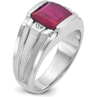 14K White Gold Men's Satin Created Ruby and Diamond Ring - 3.22 Carats Created Ruby, 0.014 Carats Total Diamond Weight by IBGoodman