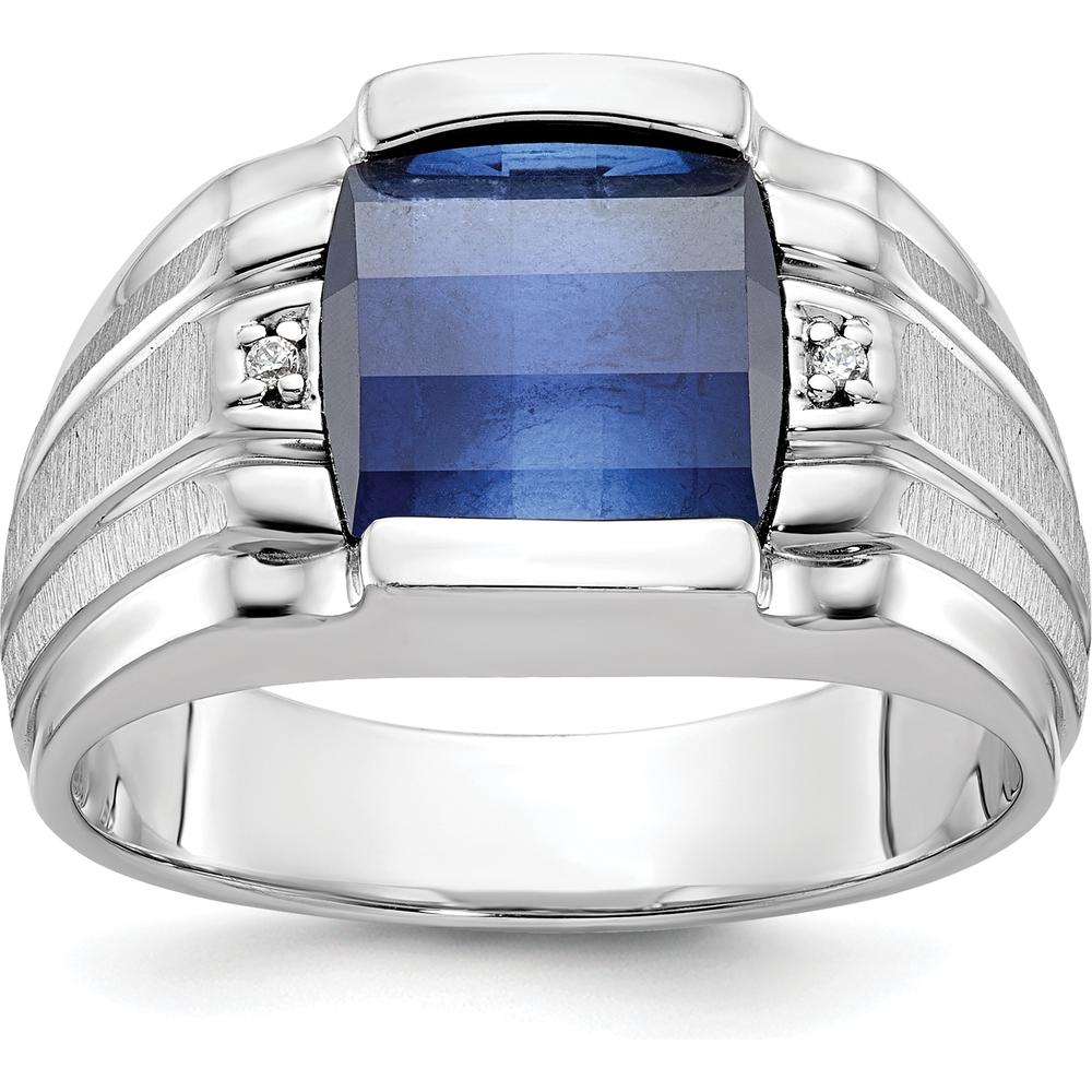 14K White Gold Men's Satin Created Sapphire and Diamond Ring - 3.25 Carats Created Sapphire, 0.014 Carats Total Diamond Weight by IBGoodman