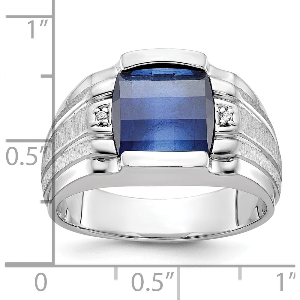 14K White Gold Men's Satin Created Sapphire and Diamond Ring - 3.25 Carats Created Sapphire, 0.014 Carats Total Diamond Weight by IBGoodman