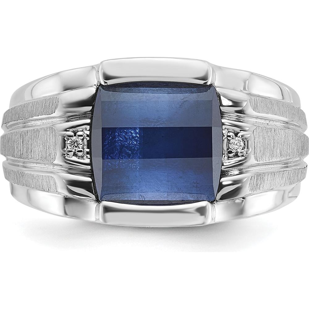 14K White Gold Men's Satin Created Sapphire and Diamond Ring - 3.25 Carats Created Sapphire, 0.014 Carats Total Diamond Weight by IBGoodman