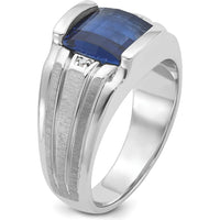 14K White Gold Men's Satin Created Sapphire and Diamond Ring - 3.25 Carats Created Sapphire, 0.014 Carats Total Diamond Weight by IBGoodman