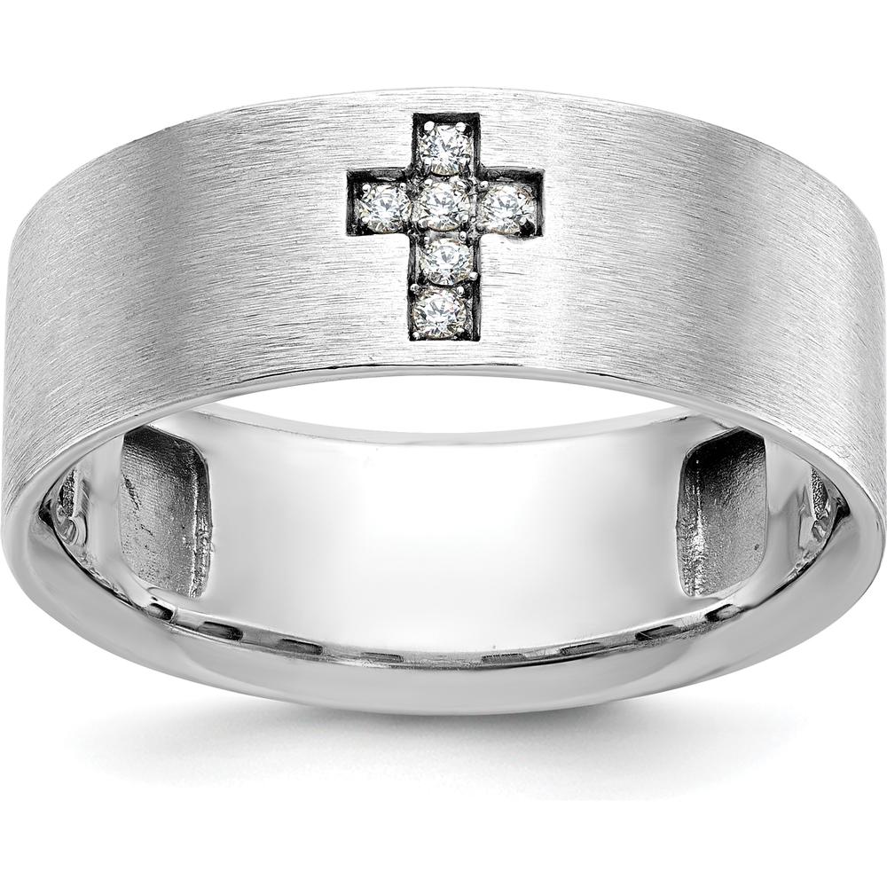 14K White Gold Men's Satin Cross Ring with Diamond Accent - 0.05 Carats Total Diamond Weight by IBGoodman