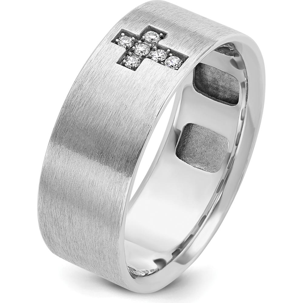 14K White Gold Men's Satin Cross Ring with Diamond Accent - 0.05 Carats Total Diamond Weight by IBGoodman