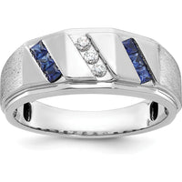 14K White Gold Men's Satin Finish Lab Created Sapphire and Diamond Ring - 0.09 Carats Diamond Weight by IBGoodman