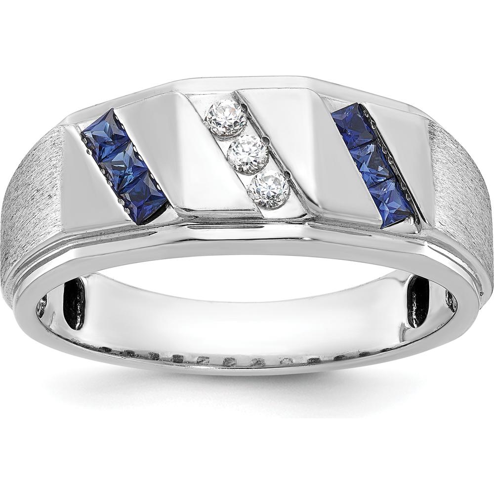 14K White Gold Men's Satin Finish Lab Created Sapphire and Diamond Ring - 0.09 Carats Diamond Weight by IBGoodman