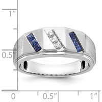 14K White Gold Men's Satin Finish Lab Created Sapphire and Diamond Ring - 0.09 Carats Diamond Weight by IBGoodman
