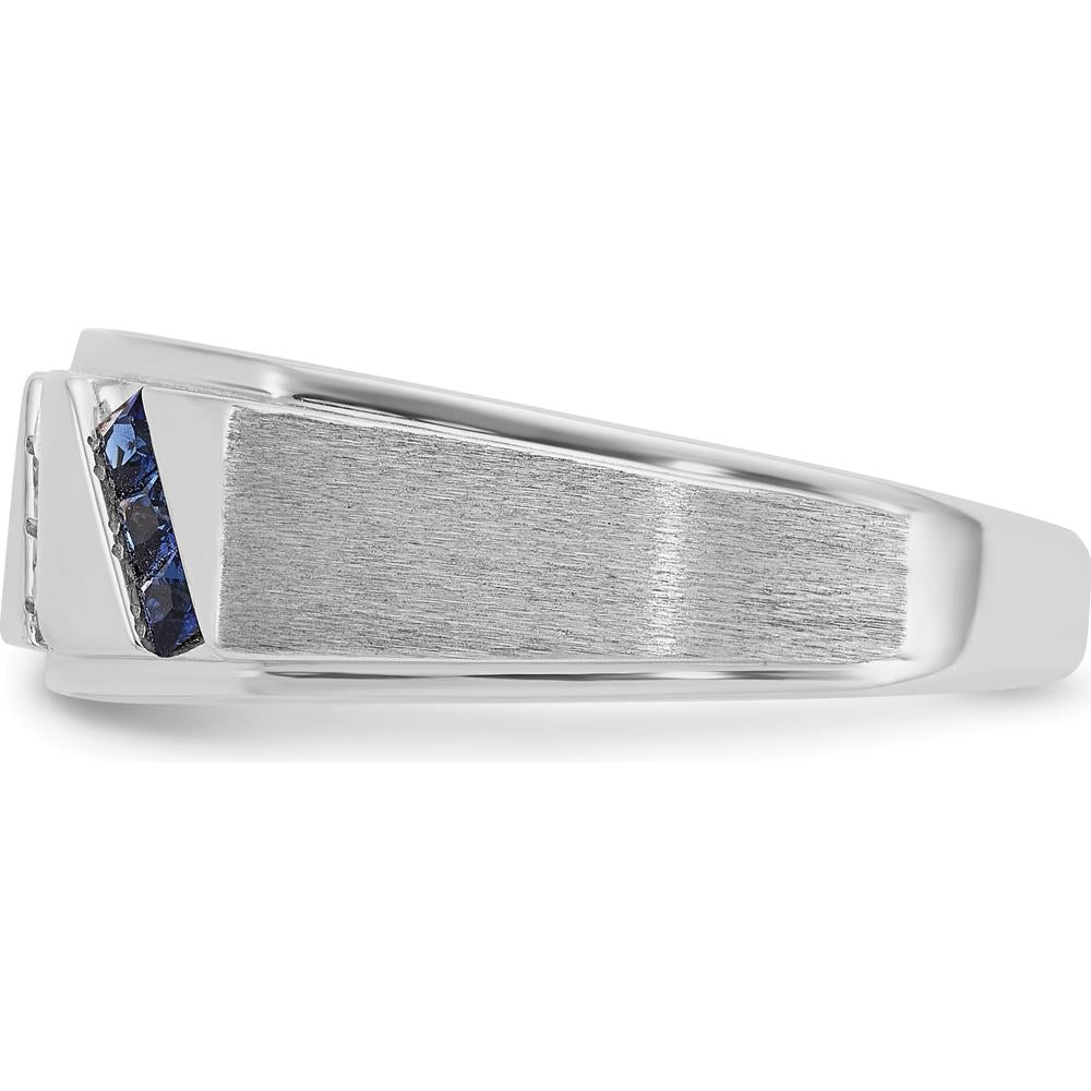 14K White Gold Men's Satin Finish Lab Created Sapphire and Diamond Ring - 0.09 Carats Diamond Weight by IBGoodman