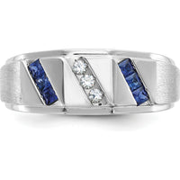 14K White Gold Men's Satin Finish Lab Created Sapphire and Diamond Ring - 0.09 Carats Diamond Weight by IBGoodman