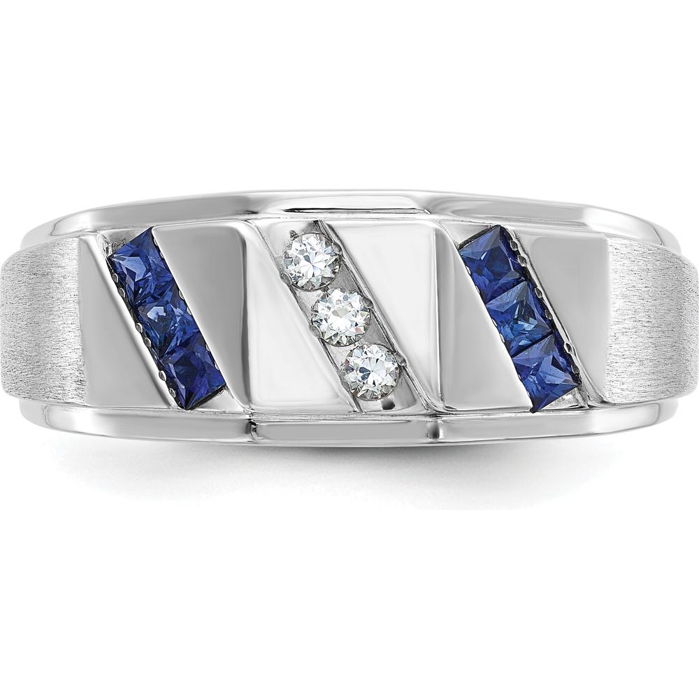 14K White Gold Men's Satin Finish Lab Created Sapphire and Diamond Ring - 0.09 Carats Diamond Weight by IBGoodman
