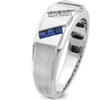 14K White Gold Men's Satin Finish Lab Created Sapphire and Diamond Ring - 0.09 Carats Diamond Weight by IBGoodman