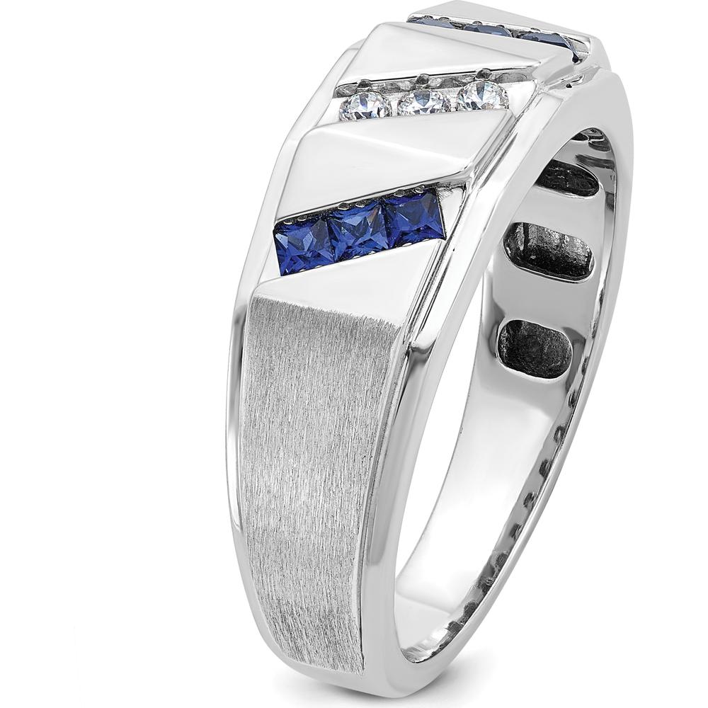 14K White Gold Men's Satin Finish Lab Created Sapphire and Diamond Ring - 0.09 Carats Diamond Weight by IBGoodman