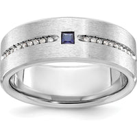 14K White Gold Men's Satin Finish Ring with Square Sapphire and Diamond Accents by IBGoodman
