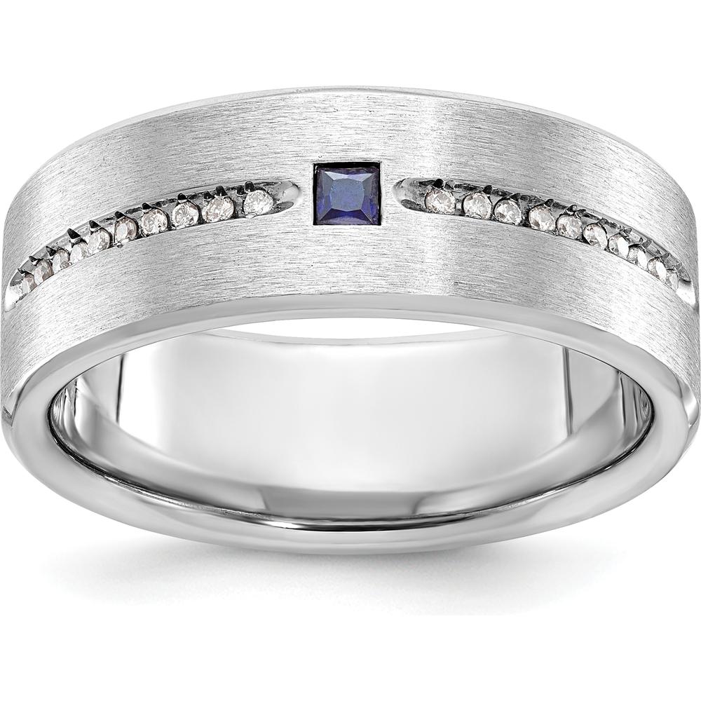 14K White Gold Men's Satin Finish Ring with Square Sapphire and Diamond Accents by IBGoodman