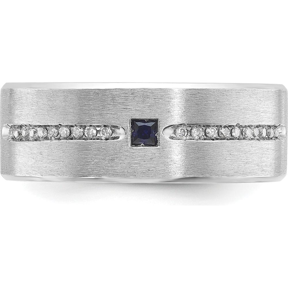 14K White Gold Men's Satin Finish Ring with Square Sapphire and Diamond Accents by IBGoodman