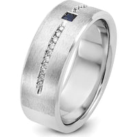 14K White Gold Men's Satin Finish Ring with Square Sapphire and Diamond Accents by IBGoodman