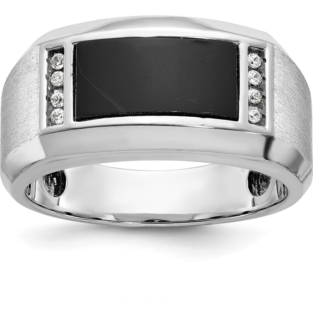 14K White Gold Men's Satin Onyx and Diamond Accent Ring with Cushion-Cut Onyx and 0.01 Carats Total Diamond Weight by IBGoodman
