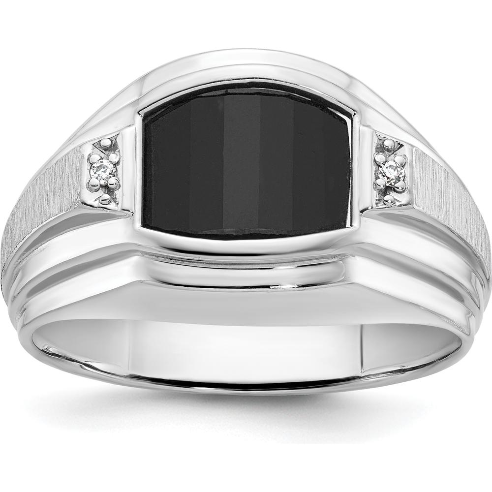 14K White Gold Men's Satin Onyx and Diamond Ring with Barrel Onyx and Round Diamonds - 0.01 Carats Total Diamond Weight by IBGoodman