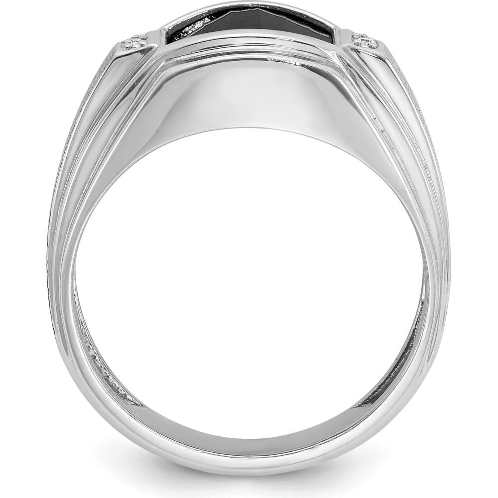 14K White Gold Men's Satin Onyx and Diamond Ring with Barrel Onyx and Round Diamonds - 0.01 Carats Total Diamond Weight by IBGoodman