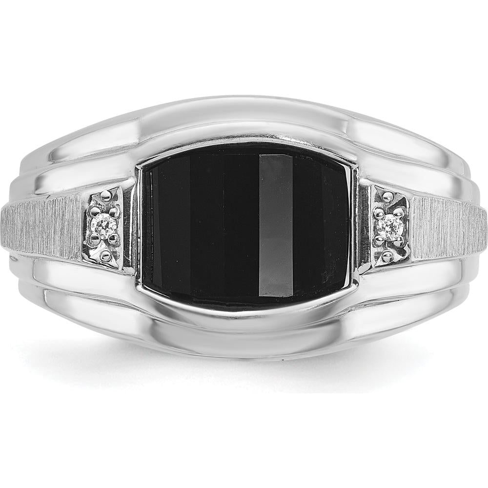 14K White Gold Men's Satin Onyx and Diamond Ring with Barrel Onyx and Round Diamonds - 0.01 Carats Total Diamond Weight by IBGoodman